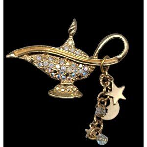 Kirks Folly Alladin Lamp Broock 18k Gold Plated Aurora Borealis Rhinestones